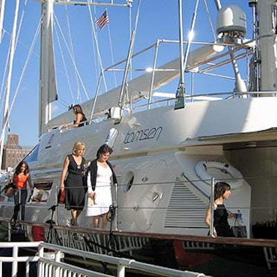 Tamsen designer Sue Firestone's family yacht was moored at next to the Lighthouse at Chelsea Piers for the Tamsen fashion show. Guests boarded the yacht after the fashion show for a mini-concert by pop singer Monica.