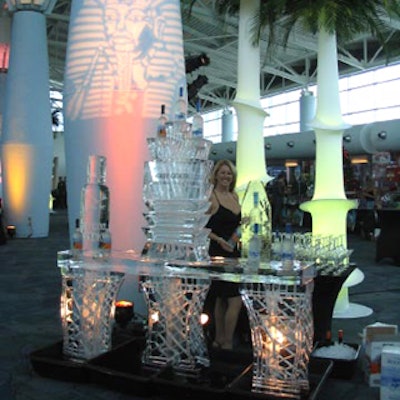 Individual brands were showcased on tables lit from underneath, while color played a major role in transforming the event space into an Egyptian temple for Premiere Beverage Company's Holiday Spirits, Packaging & Fine Wine Show.