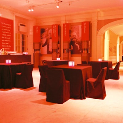 The second floor's marble gallery featured fabric-covered banquet tables and chairs.