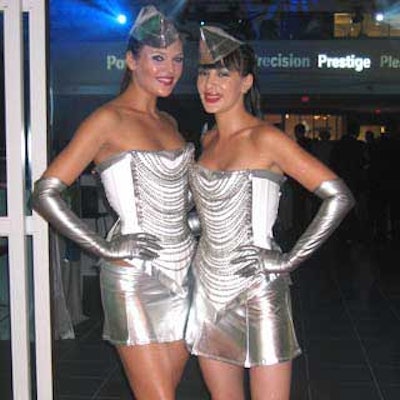 Shimmering metallic fabric-clad models greeted guests at the entrance to the showroom.