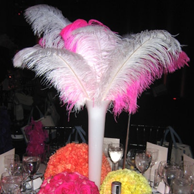 At Jazz at Lincoln Center's inaugural gala, David Beahm's decor included black and white table linens, ostrich feathers set in trumpet-shaped vases, and trios of orb-shaped bouquets of roses and carnations.