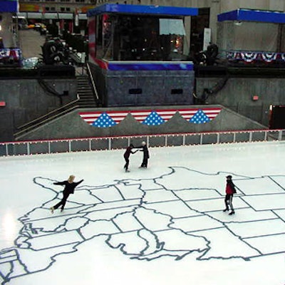 On the famous ice rink is a map of the United States that was used in NBC's election night broadcast.
