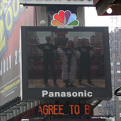 A view of Panasonic's Astrovision screen showed NBC's live broadcast of the Broadway on Broadway outdoor concert, including a performance by the cast of Dirty Blonde. Bard Enterprises Ltd. handled the video production for the show.