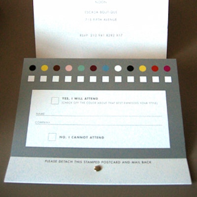The invite featured a perforated RSVP card attached to the inside asking guests to “Check off the color above that best expresses your style.” Each attendee left the event with an Eluna bag in the chosen color.
