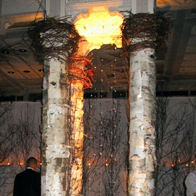 The pillars in the Celeste Bartos Forum were wrapped in birch bark and topped with bird's nests.
