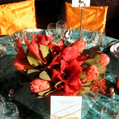 Van Wyck & Van Wyck were inspired by the Guggenheim’s “The Aztec Empire” exhibition, taking on bold Mexican colors of turquoise, gold, and red. Tables were adorned with lush centerpieces that included rich red flowers such as amaryllis, dahlias, and orchids.