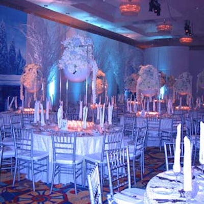 Barton G created an ethereal winter haven with a white, silver, and blue color scheme for the Miami Art Museum's Winter Ball.