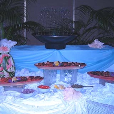 One of the tables provided by the Radisson Hotel Miami featured hors d'oeuvres, a watermelon sculpture, and a fountain.