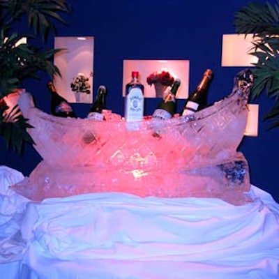 In the lobby, the hotel's catering department sculpted a canoe made out of ice and filled it with premium liquor bottles.