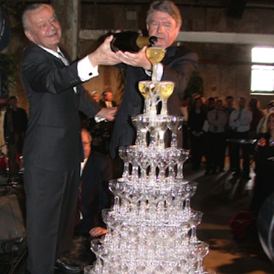 LCBO chairman and C.E.O. Andrew S. Brandt started the Champagne cascade with the help of Daniel Jouanneau, ambassador of France in Canada.