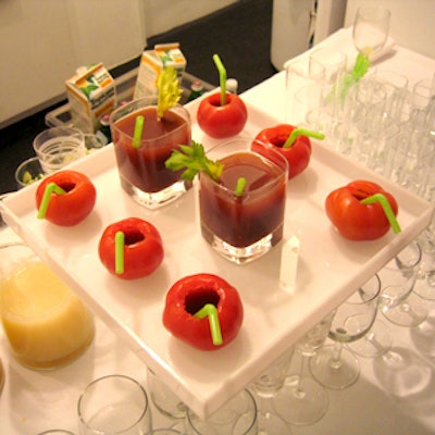 Callahan Catering served Bloody Marys in hollowed-out tomatoes at the Fashion Week preview event for Kate Spade and Jack Spade.