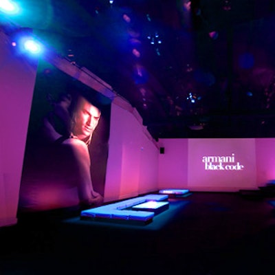 An elegant, stark black lounge was created inside Newspace for the launch of Armani’s new men’s fragrance, Armani Black Code.
