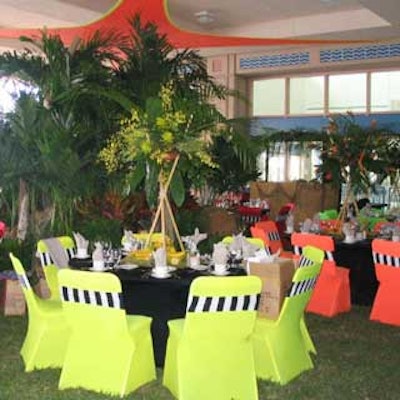 Tables were covered in black spandex while chairs sported one of eight bright colors.
