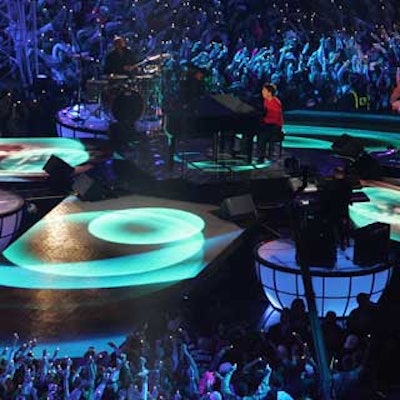 Don Mischer Productions hired Tait Towers to create a dramatic stage with projected images and colorful lighting for Paul McCartney's half-time performance at Super Bowl XXXIX (Photo courtesy of Harry How/Getty Images).