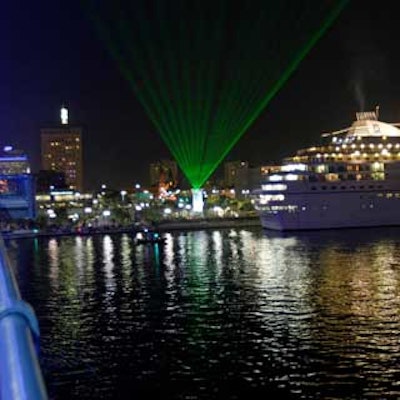 One of the green laser-equipped beacons that EventQuest created for the SuperFest could be seen from the cruise ships used as floating hotels for the weekend.