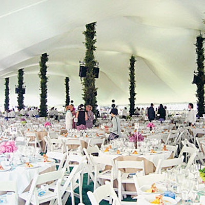 Guests at the 2003 Central Park Conservancy Frederick Law Olmsted awards luncheon dined inside a tent from Stamford Tent and Party Rental, decorated with foliage climbing the tent poles.
