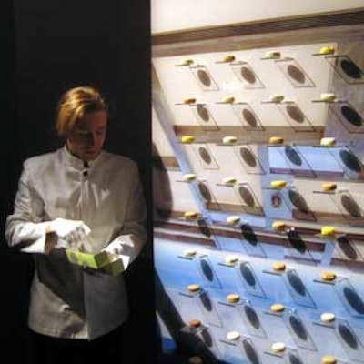 At Travel & Leisure’s design awards party at the Dia Chelsea Annex , a display for winner Yauatcha had rows of small shelves for samples of the restaurant’s macaroons, which were flown in for the party directly from London, and continually stocked by one of Olivier Cheng’s servers.