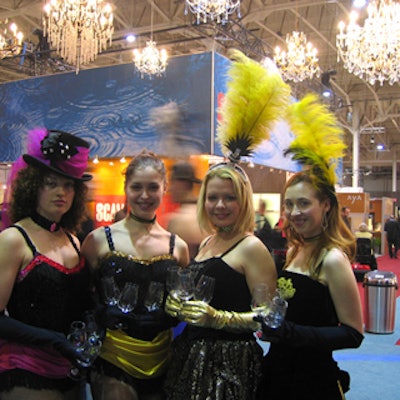 Burlesque-costumed greeters met guests at the entrance, offering wineglasses to be used for tastings throughout the party.