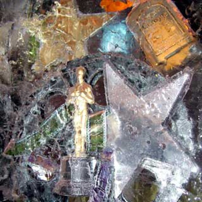 An ice bar featured mock Oscar trophies, star-shaped cutouts, and liquor bottles frozen inside.