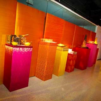 Gourmet mushroom risotto and eggplant wraps were displayed on shelves layered with Wildflower linens.
