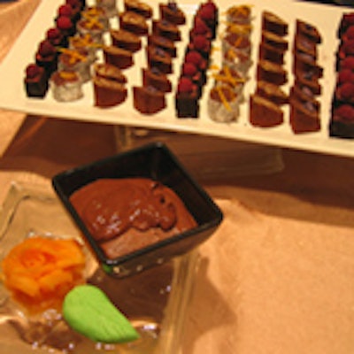 Marigolds and Onions created sumptuous chocolate desserts made to look like sushi with caramelized orange peel and purple sugar accents, and Presidential Gourmet Fine Catering served a flourless chocolate torte.