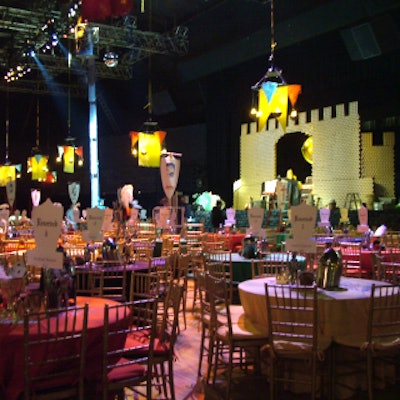 Primary-colored chandeliers featured faux flames.