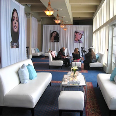 Contemporary Furniture Rentals provided cool white decor in the media lounge at L?Oreal Fashion Week at the Liberty Grand.