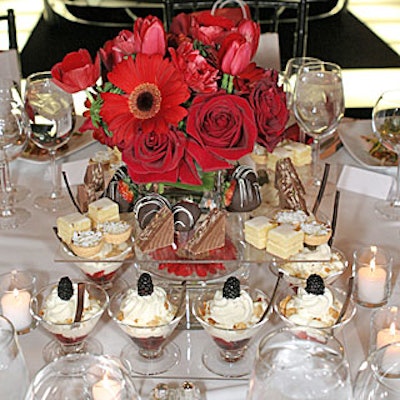 At the East Side House Settlement’s benefit preview of the New York International Auto Show at the Javits Center, Bill Tansey’s striking red floral centerpieces featured two-tiered Lucite platforms for Abigail Kirsch’s sweets, including berry shortcake trifles, dulce de leche cheesecake squares, chocolate-covered strawberries, and carrot cake.