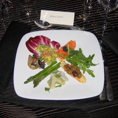 Antipasti from Catering by Restaurant Associates included truffled artichoke bottoms with lemon and chervil, smoked salmon with American caviar, and eggplant caponata on crostini.