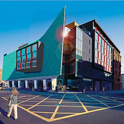 Among the newest venues in the United Kingdom is the Radisson SAS Hotel in central Glasgow, with its boldly modern glass and copper exterior.