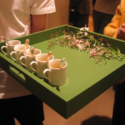 For CeCe Cord's handbag launch at Bergdorf Goodman, catering from Food in Motion had a southern theme, with chicken gumbo in espresso cups served on a wooden tray decorated with jasmine, magnolia leaves, and camellia leaves.