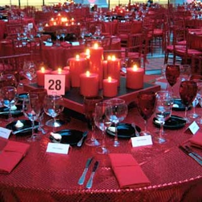 Centerpieces were either groupings of red pillar candles, or clear bowls filled with water and floating red candles.