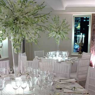 For the opening night gala of Veranda magazine’s promotional show house at the Trump Park Avenue penthouse, Fiori Ltd. created stately constellation-shaped arrangements of white orchids.