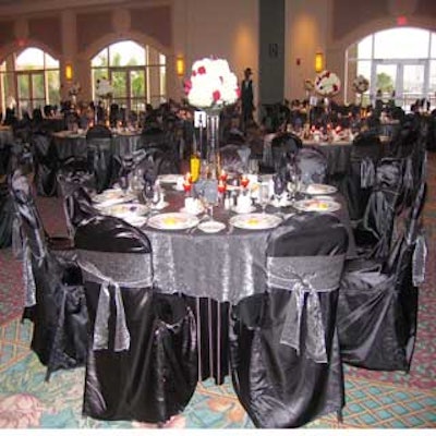 The tables were dressed in black linens with metallic accents for the American Heart Association's the James Bond-theme Heart Ball.