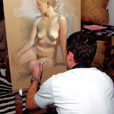 Students studied a nude model and created works in a makeshift studio setting during the cocktail hour.