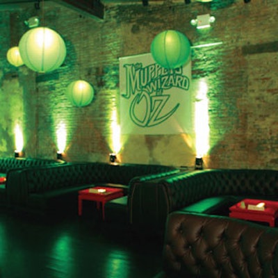 Relevent transformed PM with lanterns, posters, and green lighting for the Muppets’ Wizard of Oz premiere after-party.