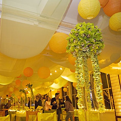 At the launch for David Tutera's new book, The Party Planner, Loft Eleven's ceiling was decorated with yards of light green organza fabric and more than 500 Asian lanterns in the three colors.