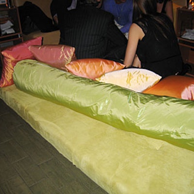 Chartreuse lounge furniture dotted Megu’s cavernous space.
