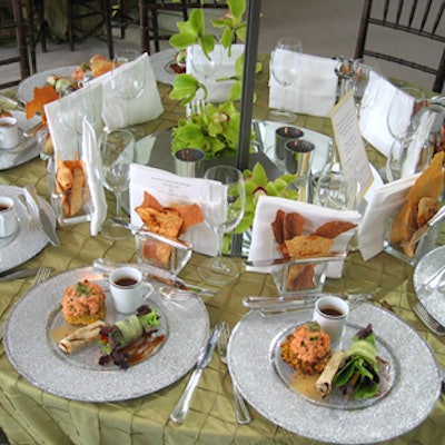 A multicourse plated kosher meal was provided by Rhonda Litwack Fine Foods. The first course included basil-scented gazpacho, shredded barbecued salmon on a corn cake crowned with vegetarian caviar, and grilled shitake mushroom spring rolls with sweet-and-sour dipping sauce.