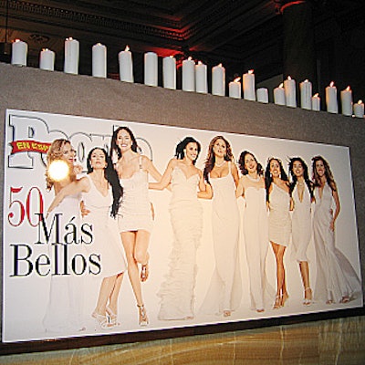 A giant blowup of the issue's cover mounted on an entry wall decorated People en Español's 50 Most Beautiful issue party at Capitale.