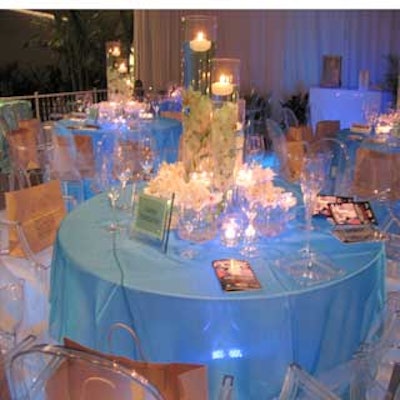 Acrylic tables lit from beneath were covered in cool blue organza and adorned with a sophisticated tabletop display in the exclusive Grand Cru section of the Fort Lauderdale Taste of the Nation.