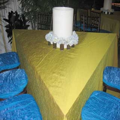 Panache's triangular tables, used in the sponsor lounge, were dressed in green crushed satin and topped with wax cylinders.