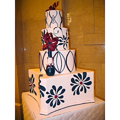 Julie Durkee of Torino Baking in Berkeley, California, created a lovely white cake with black and white stencils of flower shapes.