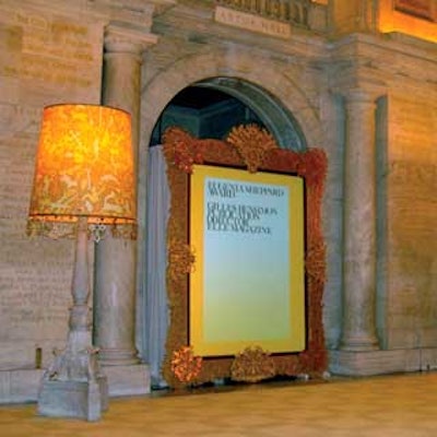 A 12- by 15-foot, 750-pound, crystal-encrusted mirror from event sponsor Swarovski decorated Astor Hall at the New York Public Library for the Council of Fashion Designers of America's annual awards. The mirror displayed a live telecast of the arrivals during the cocktail hour.