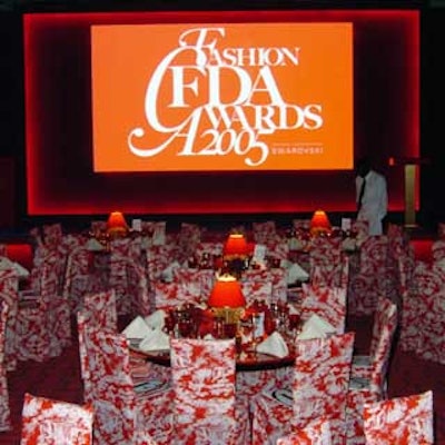 Dinner and the awards presentation in the Celeste Bartos Forum had a modern supper club look, with small red lamps on tables and red toile chair covers.