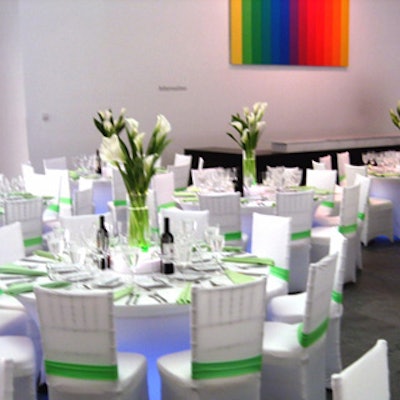 A closing night party was held at the Museum of Modern Art and designed by Wizard Studios. Tables had a clean, stark look and a white and lime green color scheme.