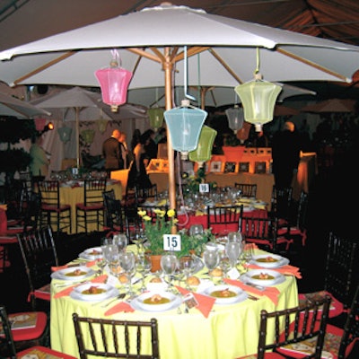 Renny and Reed covered dining tables with colorful umbrellas and lanterns.