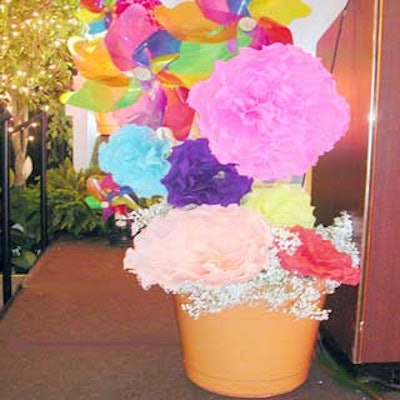 The decor included planters filled with enormous pinwheels and paper flowers.