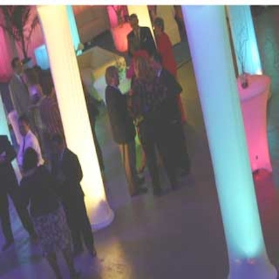 Steel poles were wrapped with spandex to suggest Roman columns, with lights inside timed to change color every 40 seconds.