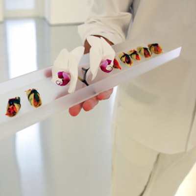 Taste Caterers served Peking duck in scallion pancakes on stark, modern trays.